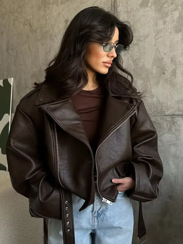Casual Dark Red  Zipper Leather Short Jackets Women Long Sleeve Lace Up Lapel Loose Button Coat Lady Daily High Street Wear 2025