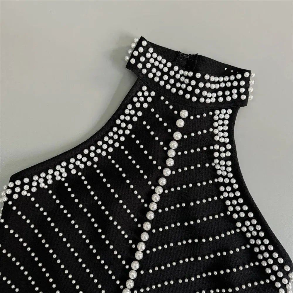 2025 Sexy Women Heavy Industry Pearl Nail Bead Bandage Dress Hanging Neck Sleeveless Bodycon Backless Midi Tassel Dress Vestidos