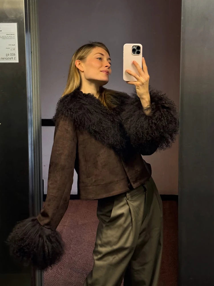 Suede Faux Fur Patchwork Short Bomber Coats Women Autumn 2025 Long Sleeve Single Breasted Jackets Fashion Office Lady Outerwears