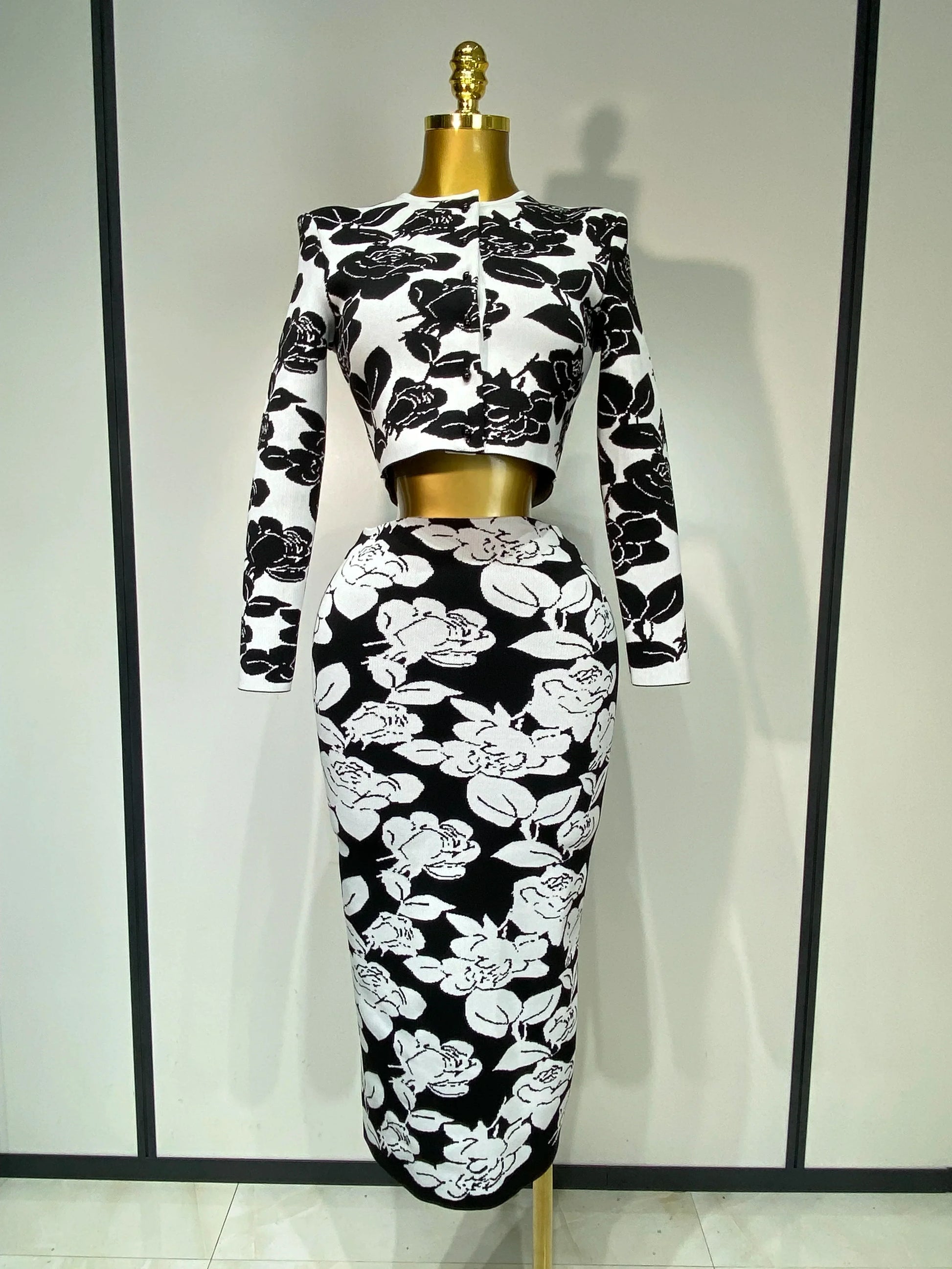 New Arrival Women Long Sleeve Jacquard Weave Two Pieces Set Celebrity Red Carpet Dress Birthday Bodycon Bandage Women's Set