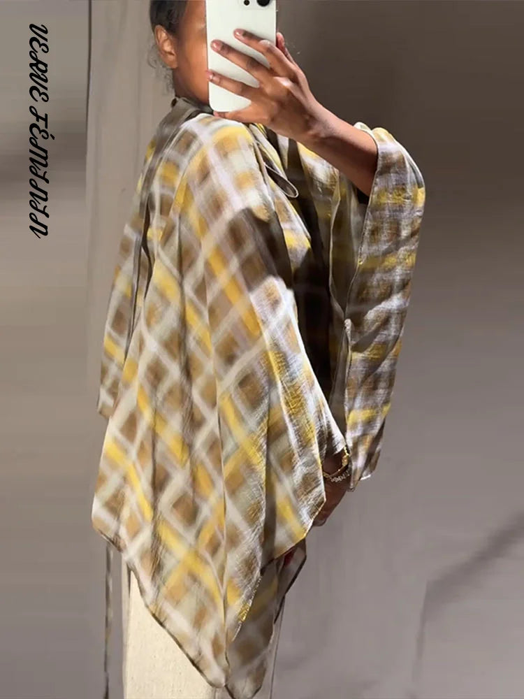 Elegant Women's Blouses Plaid Scarf Cape Shirt Autumn 2025 Female Checkered Loose Fitting Shirt Fashionable Ladies New Partywear