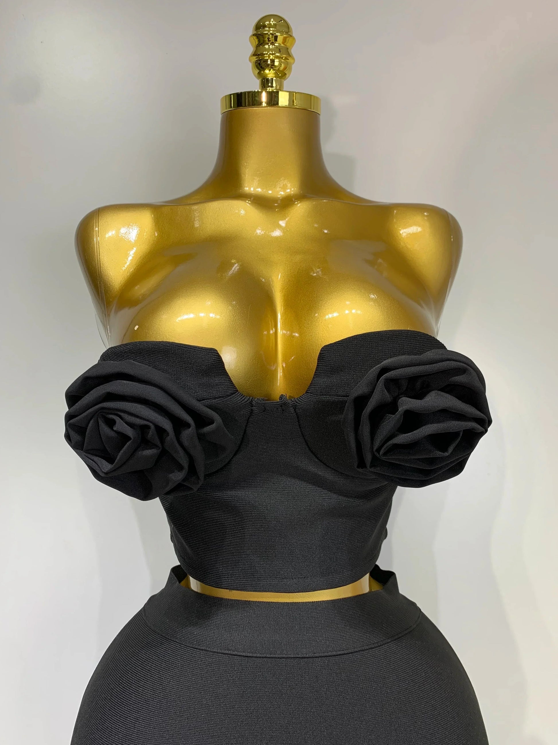New Arrival Women 3D Flower Black Bodycon Bandage Two Piece Set Designer High Waist Evening Party Club Birthday Skirt Set
