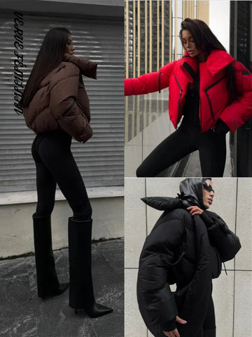 Stand Collar Panelled Short Padded Jacket Women Elegant Long Sleeve Loose Zipper Autumn Winter Coats Fashion Lady New Outerwears