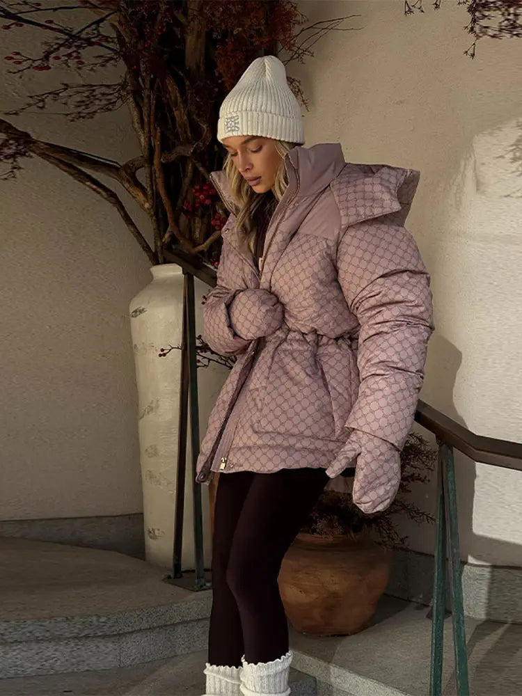 Women's Winter Coats Printed Drawstring Hooded Padded Jacket New Female Zipper Long Sleeve Slim Pocket Coat Chic Lady Outerwears