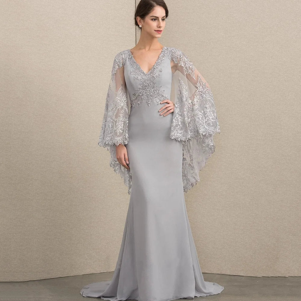 Mother Dresses Vintage Customized Mermaid V Neck Bride Party Dress Lace Formal Occasion Gown Applique robes invitée mariage