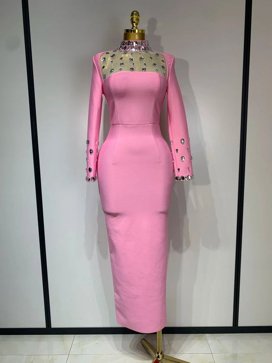 New Arrival Luxury Birthday Dresses Diamond Long Sleeve Pink Bodycon Bandage Dress Women Wedding Evening Prom Gowns Pink