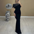 New Black Women Sexy Slash Meck Off the Shoulder Shinning Crystal Bodycon Long Bandage Dress Elegant Evening Party Dress black