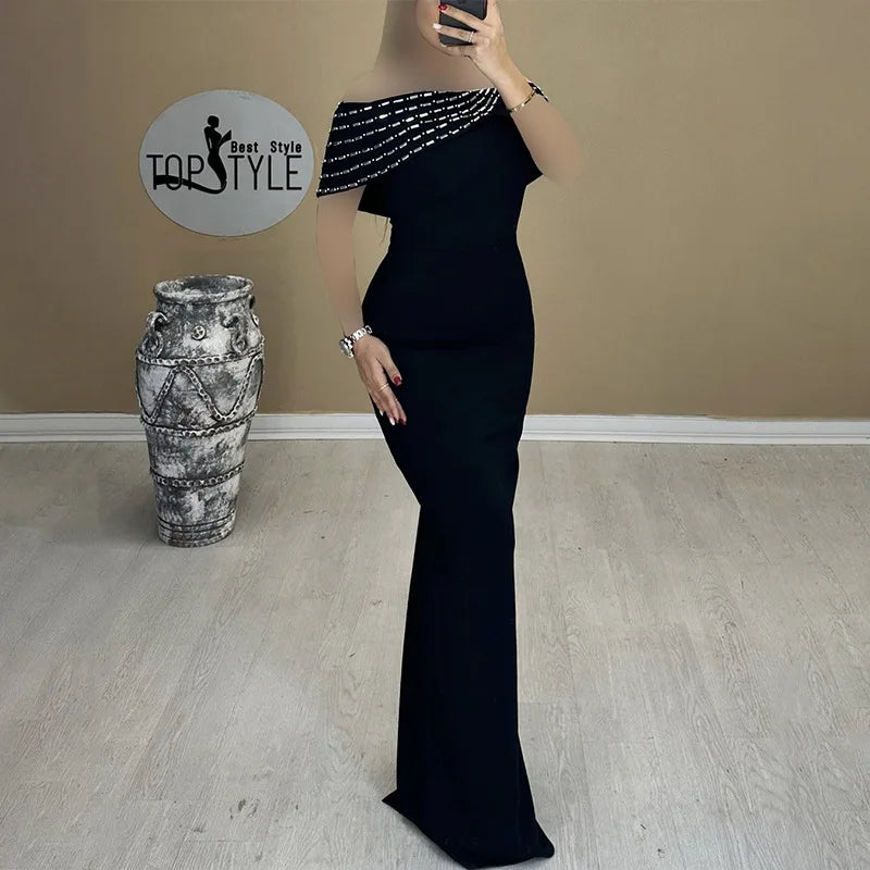 New Black Women Sexy Slash Meck Off the Shoulder Shinning Crystal Bodycon Long Bandage Dress Elegant Evening Party Dress black