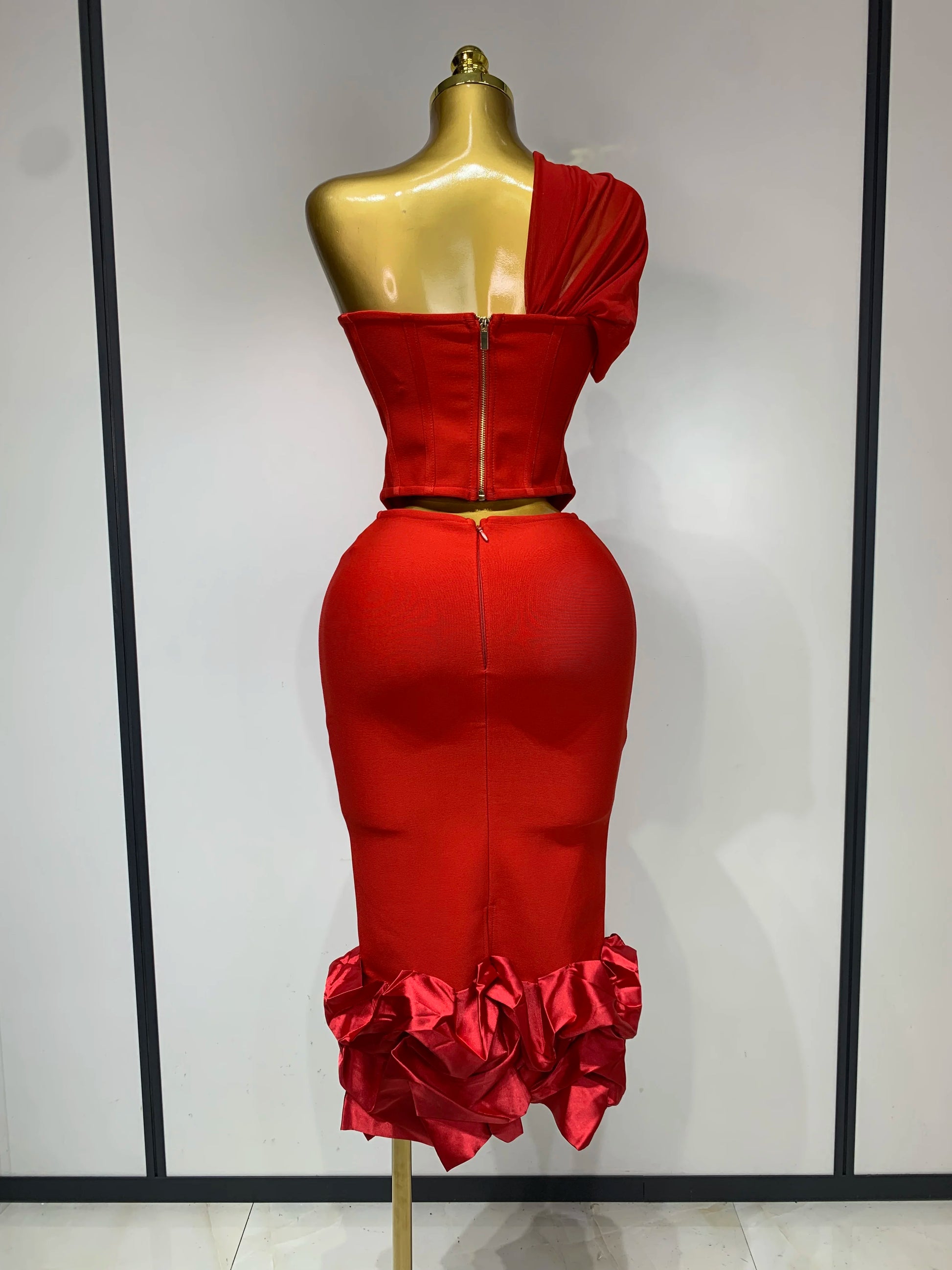 Women Sexy One Shoulder Mesh Splice Red Two Pieces Skirt Bandage Set 2025 Celebrity Designer Fashion Evening Party Women's Set