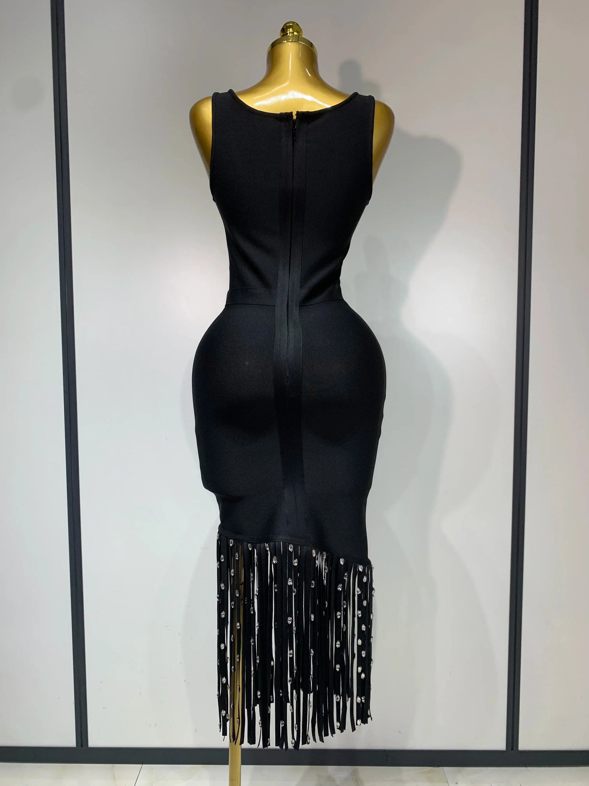 New Fashion Crystal Tassel Temperament Suspender Bodycon Bandage Dress Sexy Midi Evening Party Birthday Dresses Vestidos