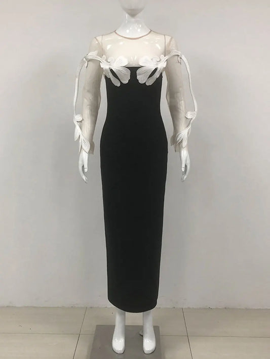 2024 Sexy Women'S See Through Sheer Patchwork Bandage Dress O-Neck Long Sleeved Bodycon Long Dress Celebrity Christmas Vestidos