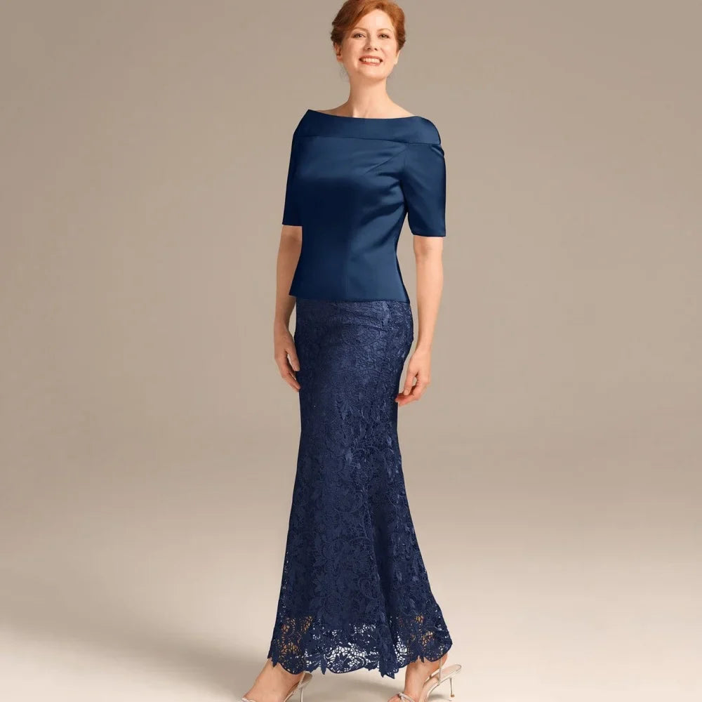 Elegant Customized Lace Mermaid Mother Dresses For Bride Wedding Party Gowns Short Sleeve Ankle Length Formal Occasion Dress