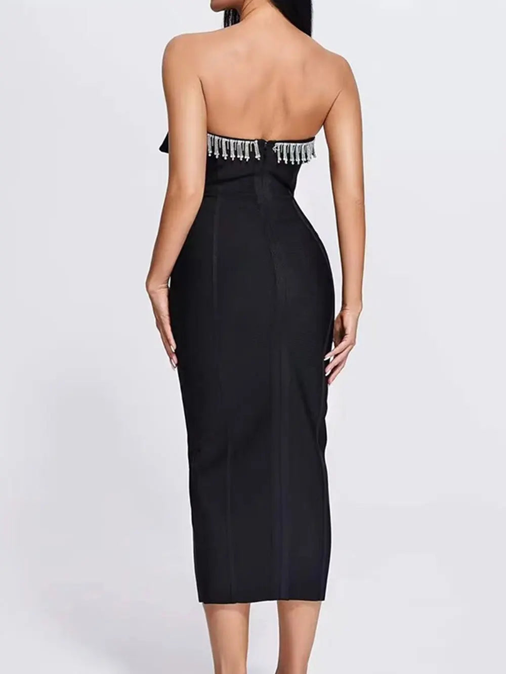 2024 Sexy Women'S Light Luxury Sequin Rhinestone Tassel Design Bandage Dress Strapless Sleeveless Bodycon Backless Midi Dresses