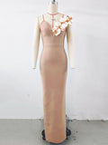 2024 Sexy Women's 3D Flower Decoration Long Dress Strapless Sleeveless Bodycon Backless Max Dress Cocktail Evening Party Vestido Khaki