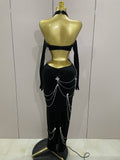 Women Sparkly Diamonds Tassels Chain Balck Sexy Halter Backless Long Dress Evening Birthday Party Celebrate Stage Costume