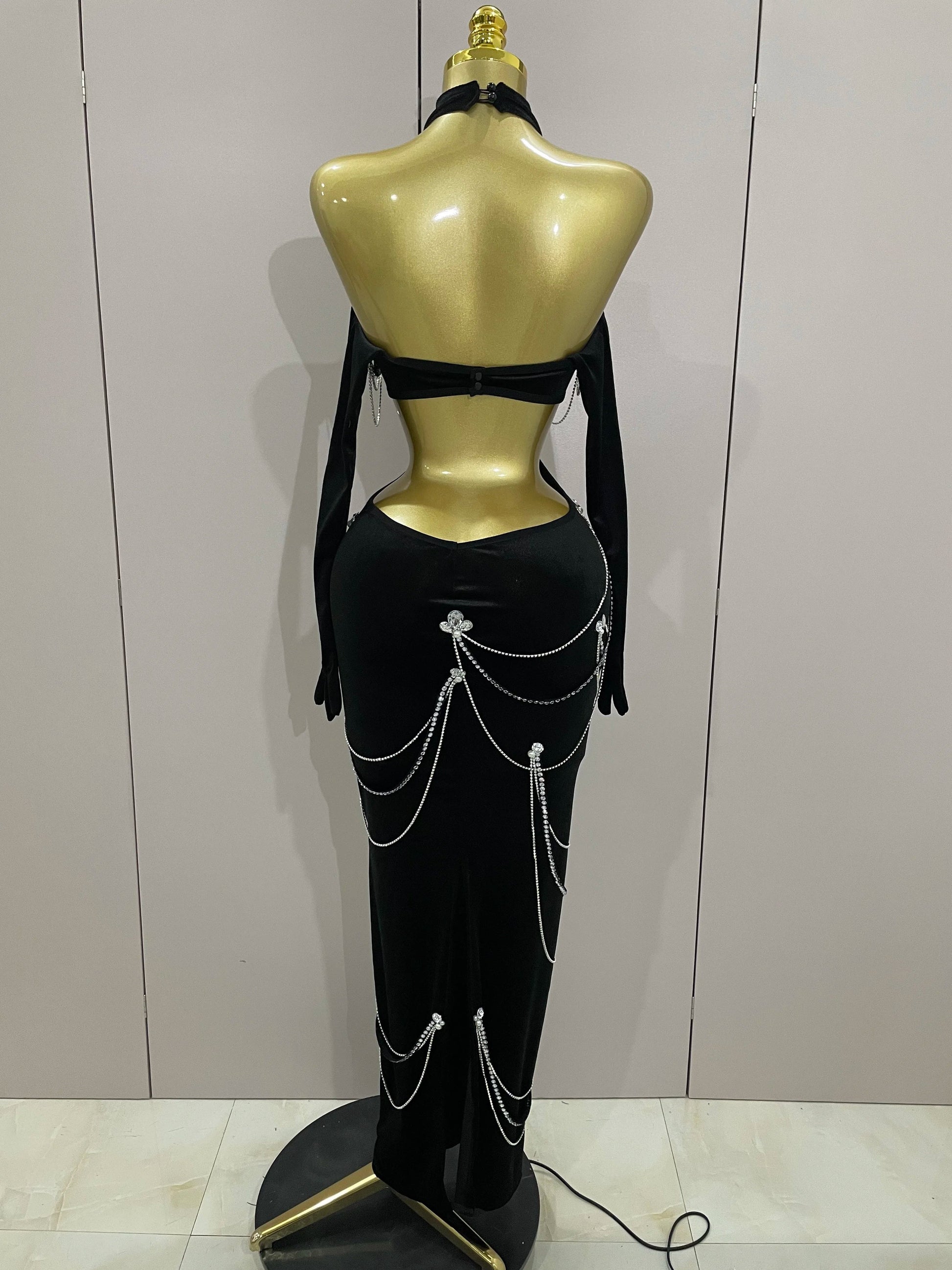 Women Sparkly Diamonds Tassels Chain Balck Sexy Halter Backless Long Dress Evening Birthday Party Celebrate Stage Costume