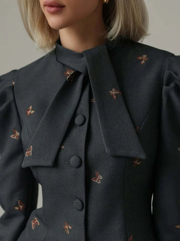 Vintage Embroidery Slim Women's 2 Pcs Suits Lace Up Bow Long Sleeve Single Breasted Jacket Short Skirts New Autumn Ladies Outfit