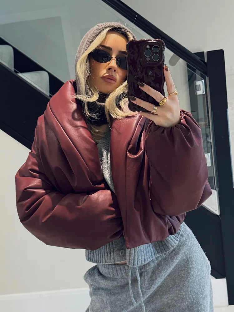 Attached Collar Covered Button Long Sleeve Thick Leather Jacket Women Fashion Autumn Winter Warm Bomber Coats Chi Lady Outerwear