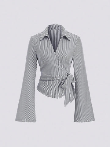 2026 Spring Summer Lace Up Striped Blouse Women Flare Sleeve Lapel Slim Fit Crop Tops Streetwear Chic Shirt Office Lady T Shirt