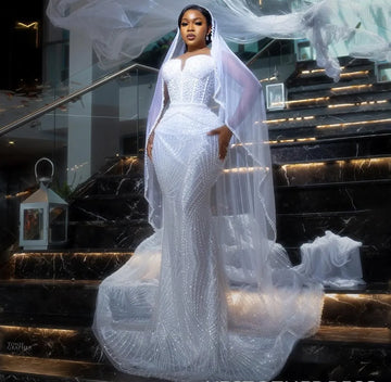 Exquisite Aso Ebi Mermaid Wedding Dress For Bride Bridal Gowns Illusion Beaded Lace Pearls Crystals Vestido De Noiva