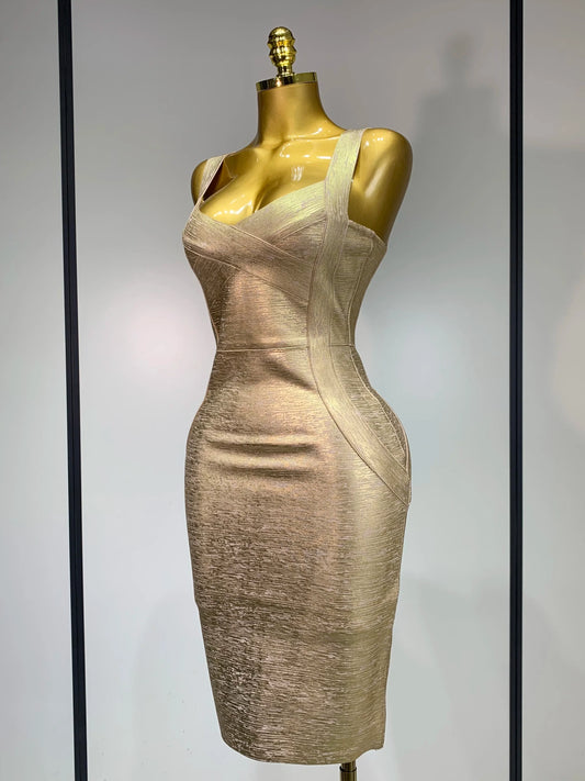 Women Sexy V Neck Bronzing Gold Midi Bodycon Bandage Dress Celebrity Elegant Evening Club Party Luxury Birthday Dress