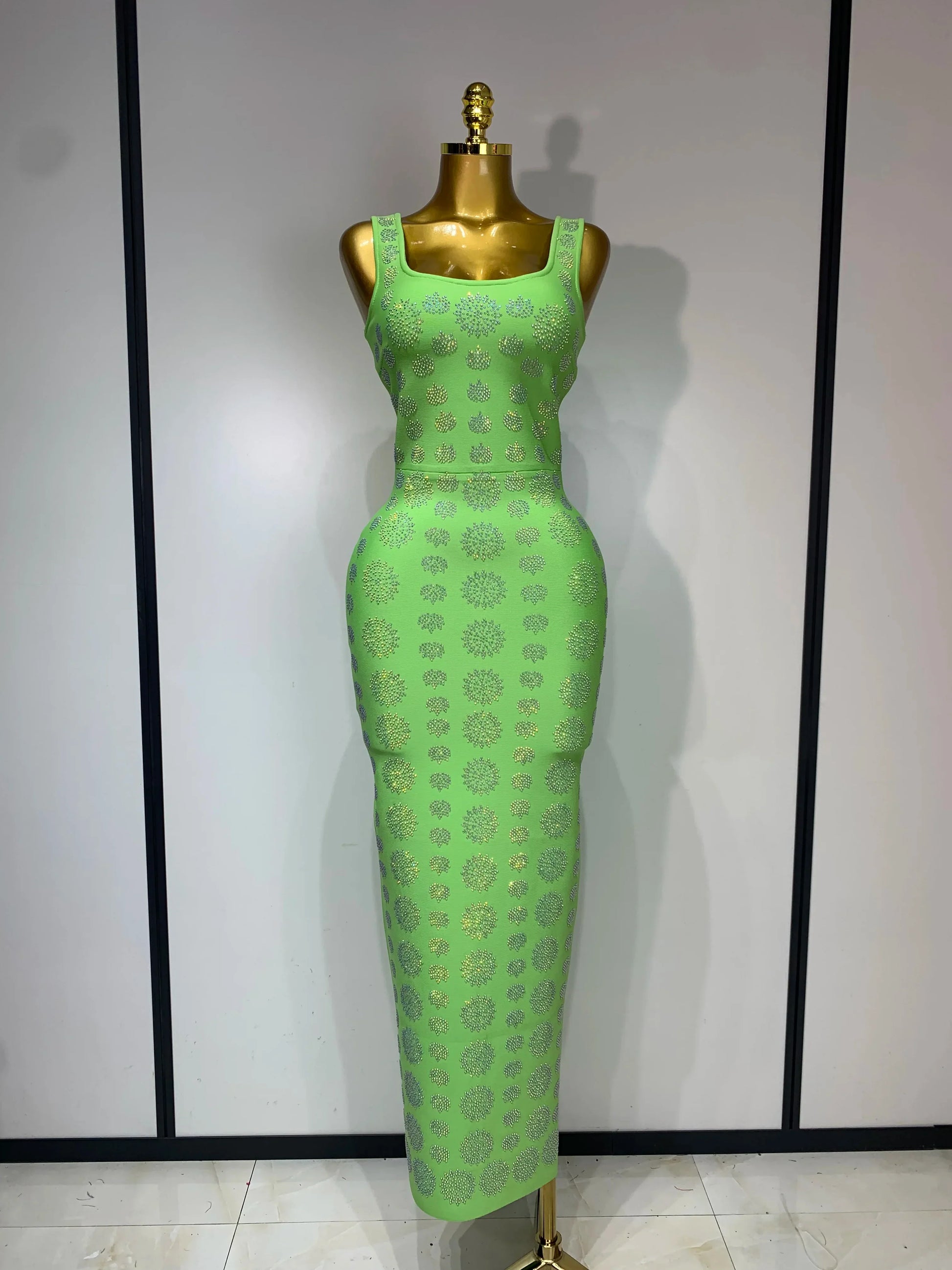 High Qulity Sparkling Diamonds Sleeveless Strech Bandage Dress Elegant Woman Evening Party Wedding Guest Luxury Birthday Dress Light Green