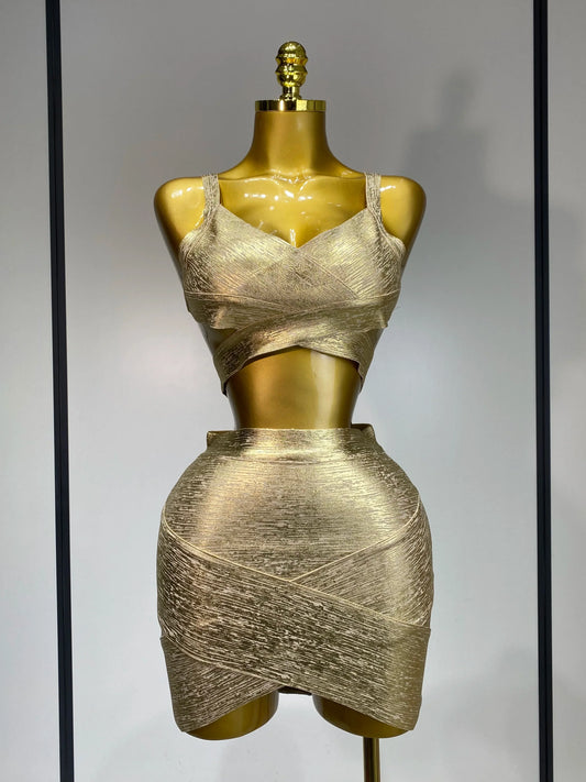 New Summer Sexy V Neck Gold Bandage Two Pieces Set Women Charming Celebrity Bodycon Skirt Suits Club Birthday Vestido Gold