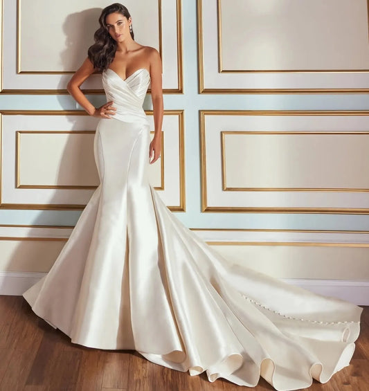 Exquisite Strapless Mermaid Wedding Dress Sleeveless Pleats Satin Bridal Dresses Bride Party Gown vestidos de novia