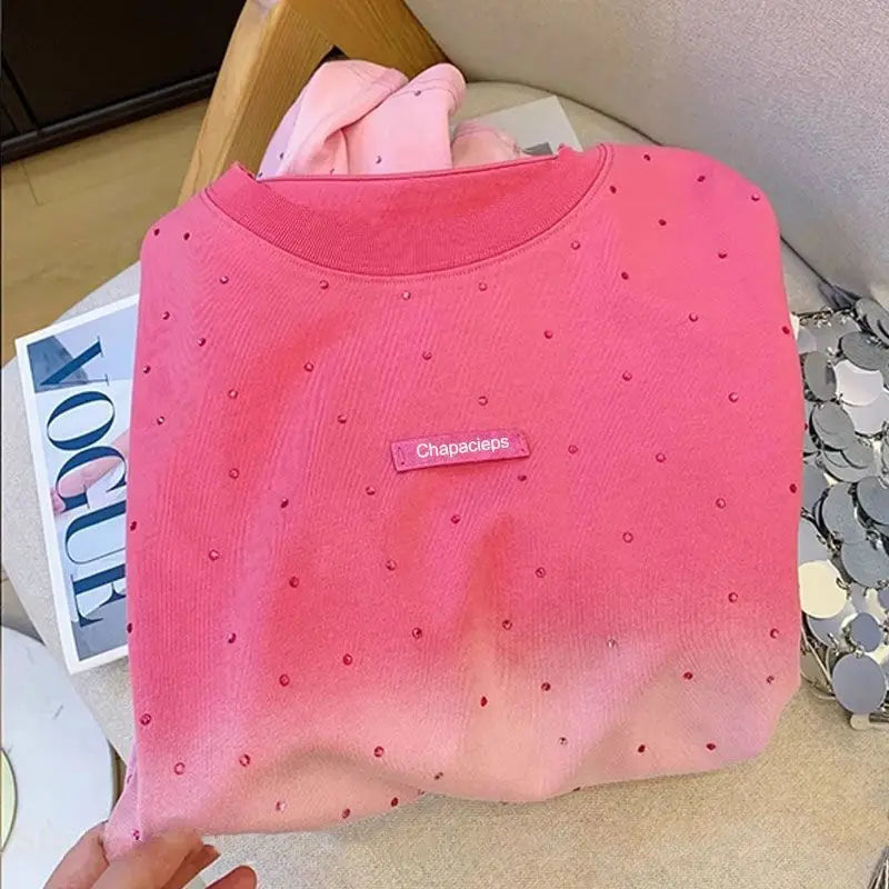 100% Cotton American Hiphop Retro Heavy Industry Hot Diamond Short-sleeved T-shirt Women's Gradual Change Summer New Loose Top