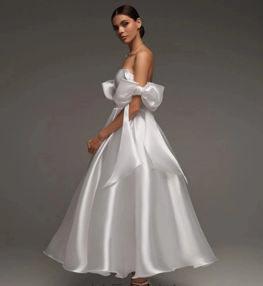 Off Shoulder Princess Wedding Dress A Line Satin Tea Length Princess Bridal Formal Party Gowns Bride Dress Vestidos De Noiva