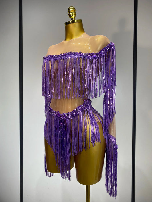 Sparkly Tassel Rhinestones Long Sleeves Sexy Stretch Mesh See Through Bodysuit Women Nightclub Stage Singer Perform Costume