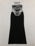 Spring Women Light Luxury Bead Design Bandage Dress+Neck Set Strapless Sleeveless Bodycon Backless Long Dress Party Vestido