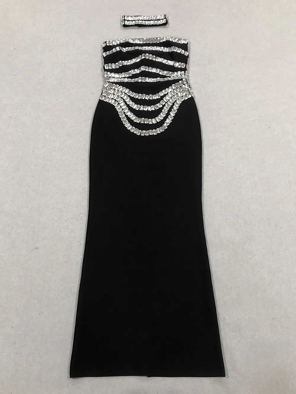 Spring Women Light Luxury Bead Design Bandage Dress+Neck Set Strapless Sleeveless Bodycon Backless Long Dress Party Vestido