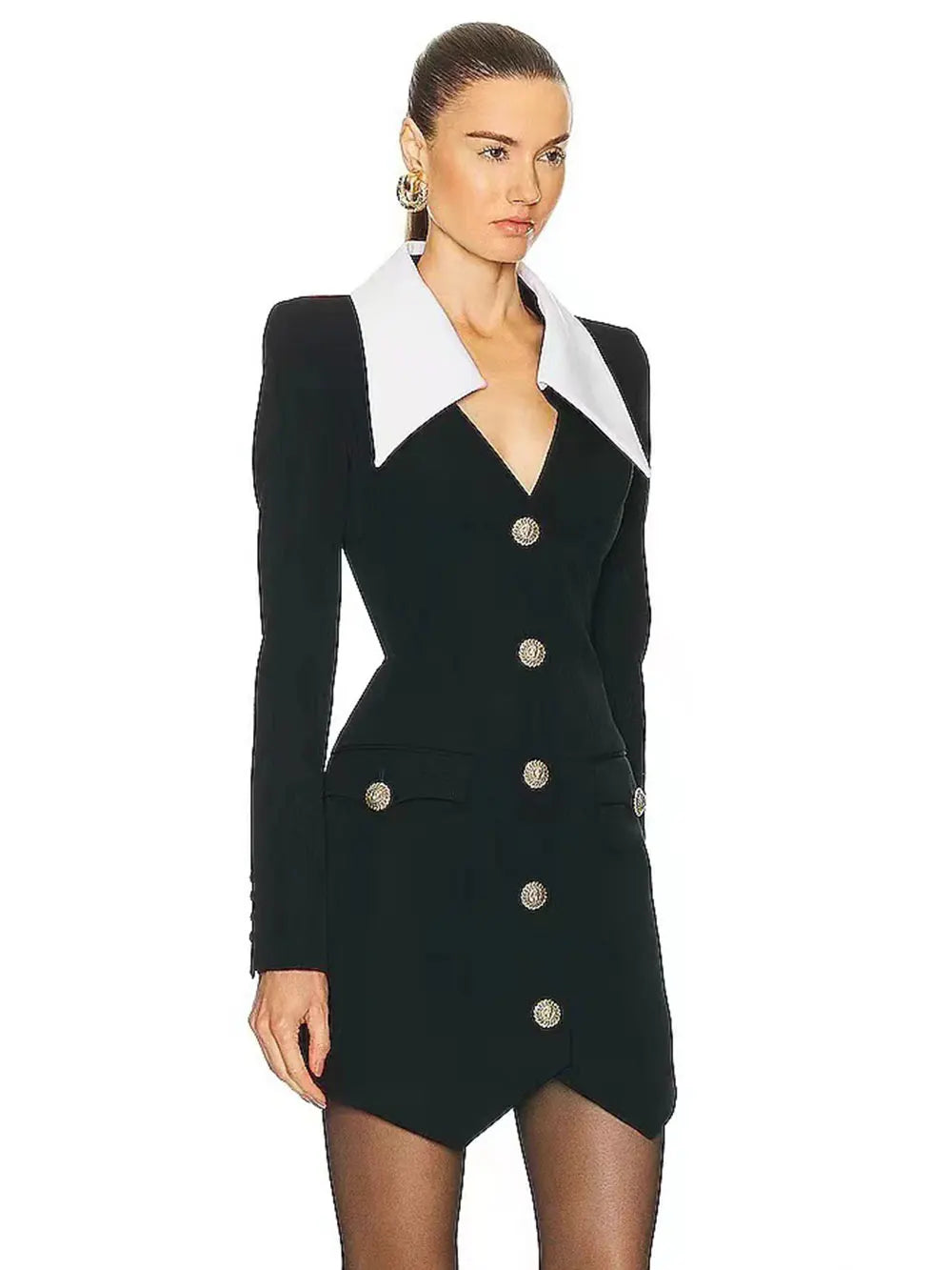 2024 Autumn Women Elegant Bandage Dress with Large Collar Long Sleeve Button Design Bodycon Asymmetric Mini Dress Party Vestidos