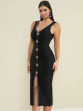 2025 Elegant Women's Water Diamond Button Design Bandage Dresses Camisole Sleeveless Bodycon Split Medium Length Dress Vestidos