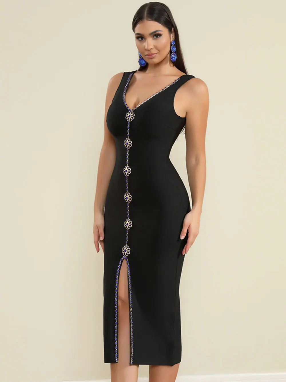 2025 Elegant Women's Water Diamond Button Design Bandage Dresses Camisole Sleeveless Bodycon Split Medium Length Dress Vestidos