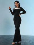 2025 Elegant Women's Nail Bead Patchwork Bandage Dress O-neck Long Sleeve Bodycon Black Long Dress Evening Club Party Vestidos