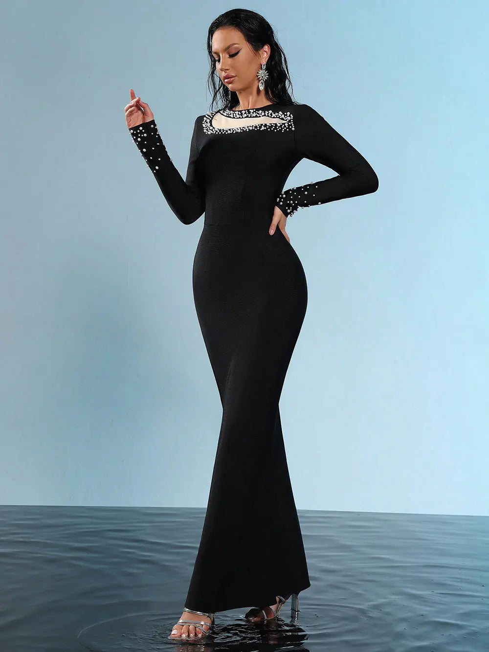 2025 Elegant Women's Nail Bead Patchwork Bandage Dress O-neck Long Sleeve Bodycon Black Long Dress Evening Club Party Vestidos
