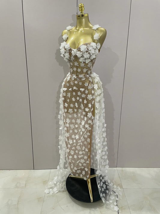 Sexy Mesh See Through Flowers Backless Long Dress Women Elegant Party Wedding Celebrate Evening Gown Prom Hotwife Outfit