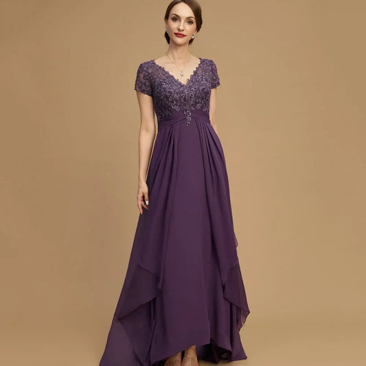 Mother Of The Bride Dress - Evening Gowns V Neck A Line Elegant Bride Party Dress Lace Short Sleeve robes invitée mariage PURPLE