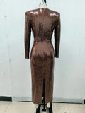2024 Sexy Women'S Light Luxury Dark Brown Sequined Dress Deep V-Neck Long Sleeved Bodycon Draped Midi Dresses Christmas Vestidos