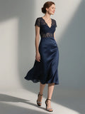 Mother Of The Bride Dress - Sexy A-Line V Neck Short Sleeves Mother of the Bride Dress Elegant with Lace Tea Length Wedding Guest Dress 2025 free customized Dark Navy