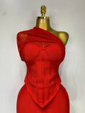 Women Sexy One Shoulder Mesh Splice Red Two Pieces Skirt Bandage Set 2025 Celebrity Designer Fashion Evening Party Women's Set