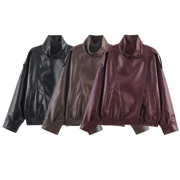 Autumn new women's clothing French motorcycle style standing collar long sleeved imitation leather short jacket jacket