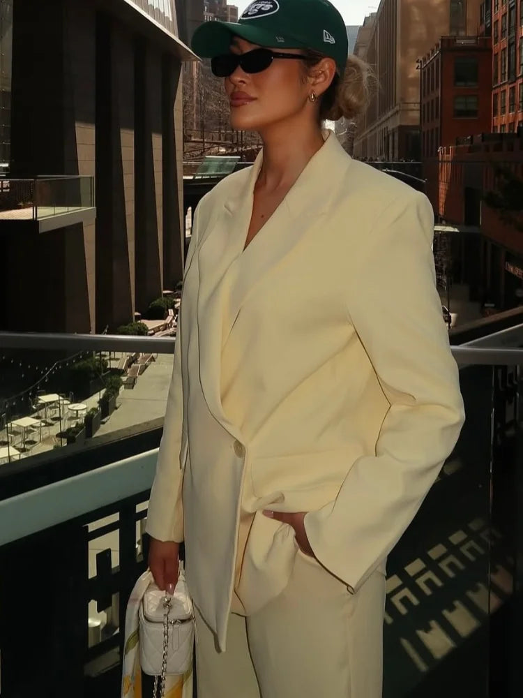 Elegant Solid Slim Women's 2 Pcs Suits Lapel Shoulder Pad Full Sleeves Button Blazers High Waist Pants Chic Office Lady Outfits