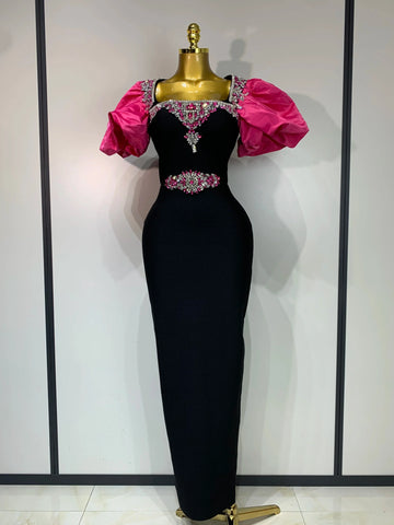 Women Sexy Puff Sleeve Square Collar Shinning Crystal Bodycon Long Bandage Dress Celebrate Evening Party Luxury Birthday Dress black