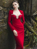 New Style Women Long Sleeve Sexy Square Collar Shinning Diamond Bodycon Long Bandage Dress Elegant Evening Mermaid Outfit Red