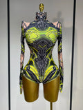 Women Sparkly Rhinstones High Street Bodysuit Performance Dance Singer Costume Nightclub Evening Party Birthday Stage Outfit Fluorescent Green
