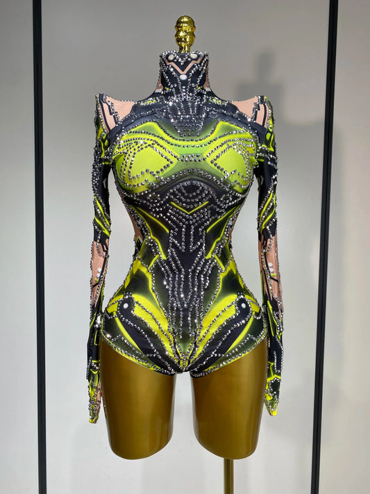 Women Sparkly Rhinstones High Street Bodysuit Performance Dance Singer Costume Nightclub Evening Party Birthday Stage Outfit Fluorescent Green