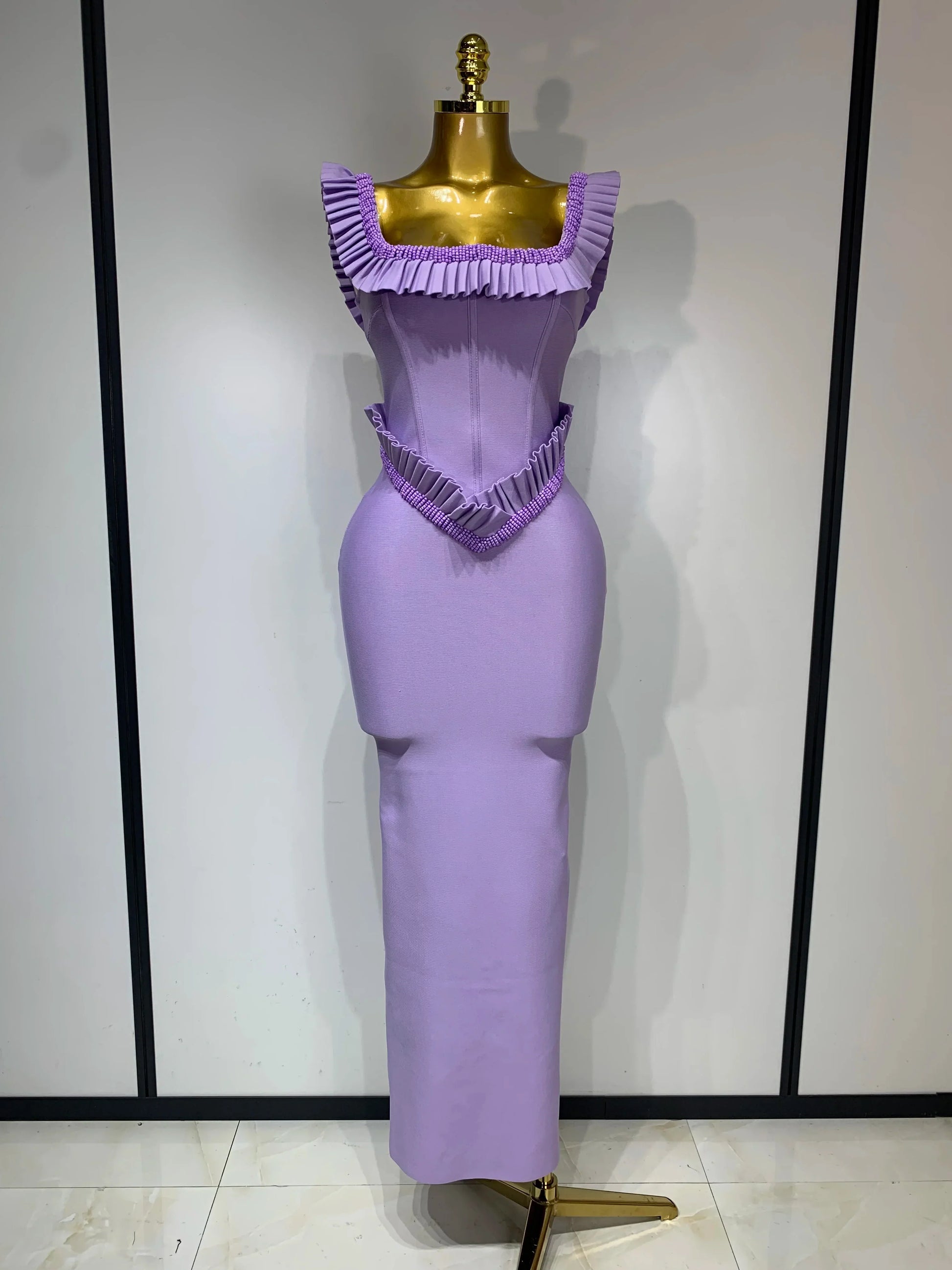 Women Sexy Square Collar Ruffles Beading Long Bodycon Bandage Dress Celebrity Elegant Evening Club Party Birthday Dress PURPLE